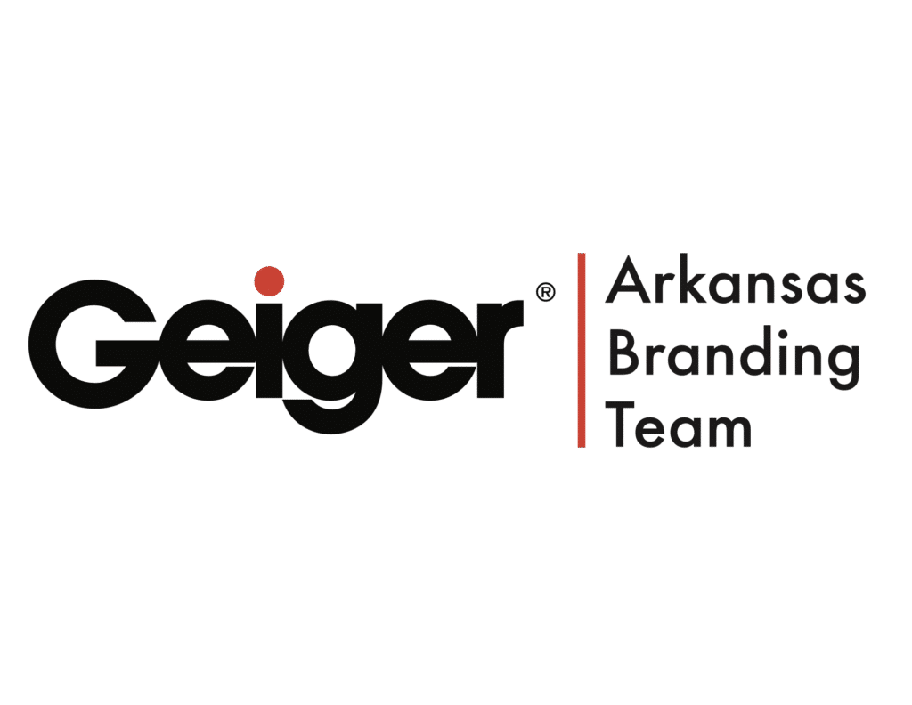 Logo featuring the word Geiger in bold black letters with a red dot over the i, alongside the text Arkansas Branding Team in black, separated by a vertical red line.